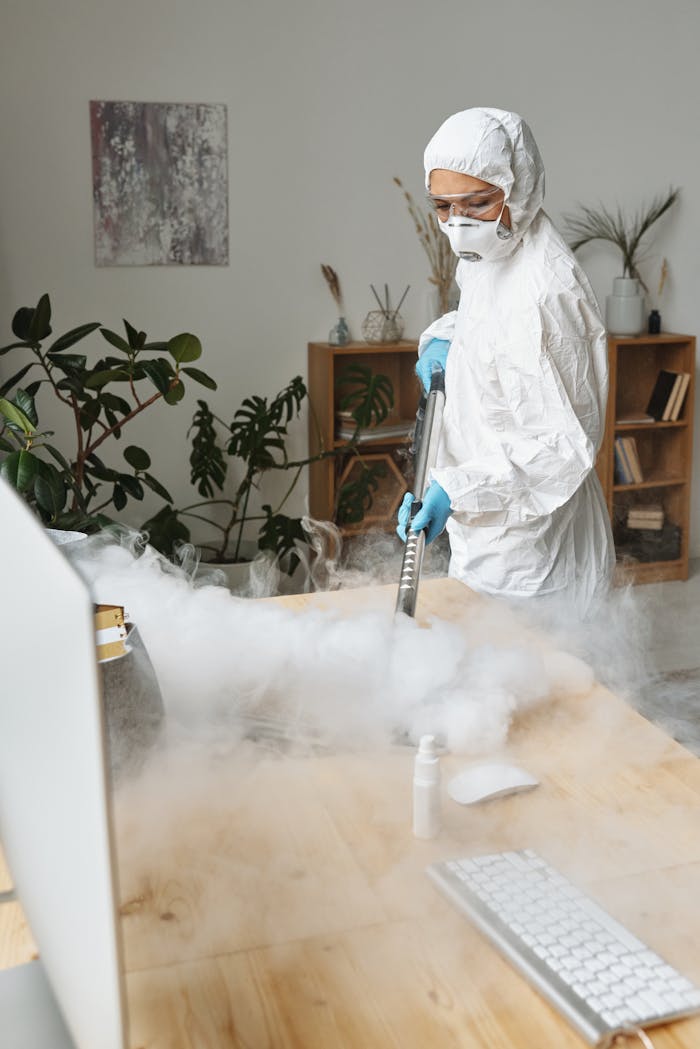 Woman in protective gear disinfects a wooden table, indoor setting, using fumigation method.